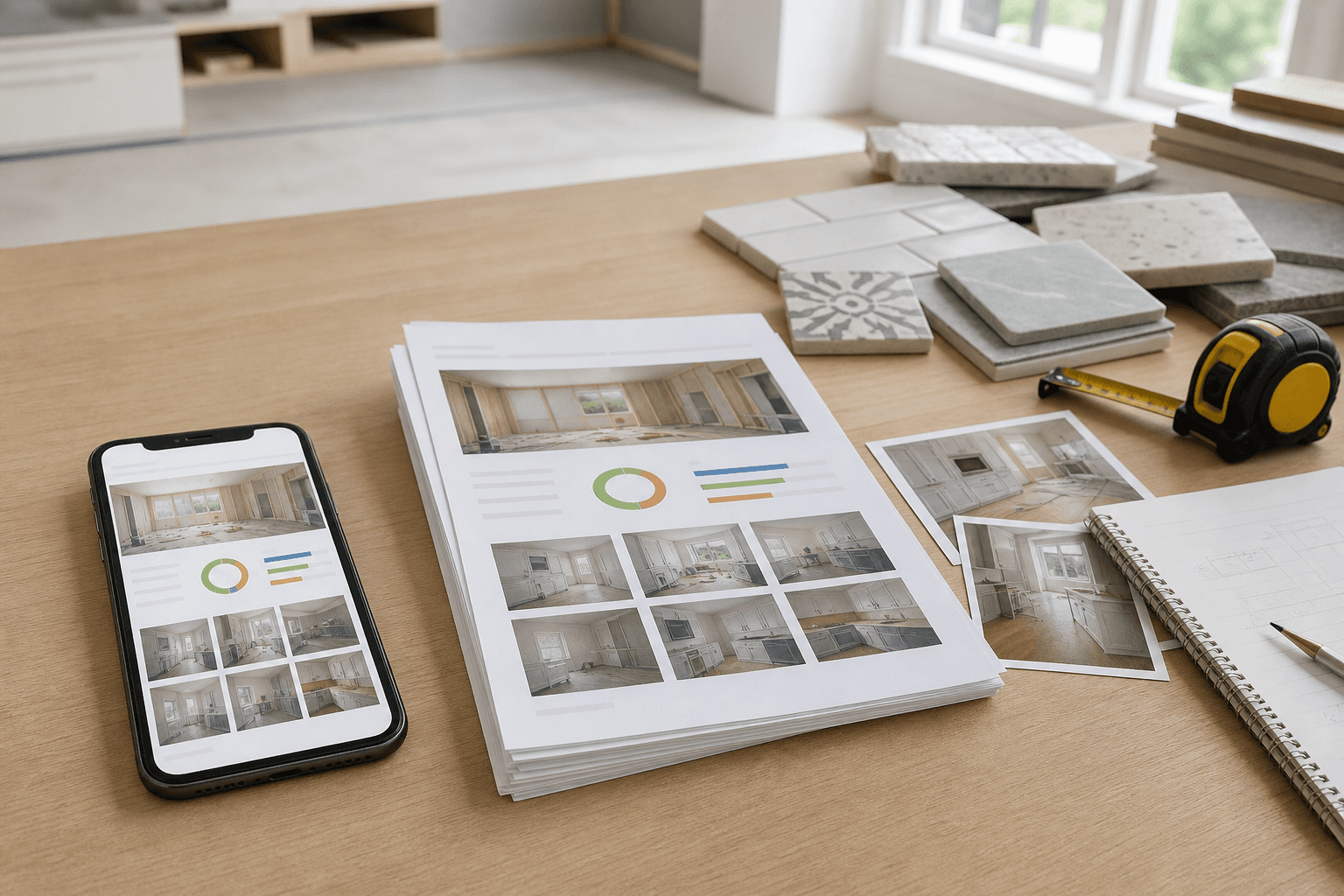 Progress report pages and jobsite photos on a contractor workbench